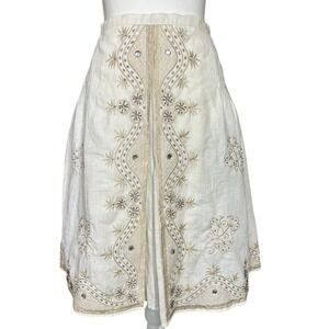 ANNE CARSON Linen Embroidered Beaded Skirt Womens 14 Ivory Boho Lined Midi